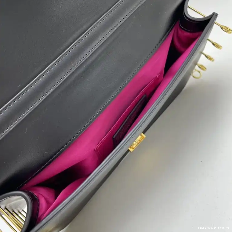 Vintage HOT Black In Brooches Medium Baguette Leather Bag with Fendi Pin Fendace Calf 0327